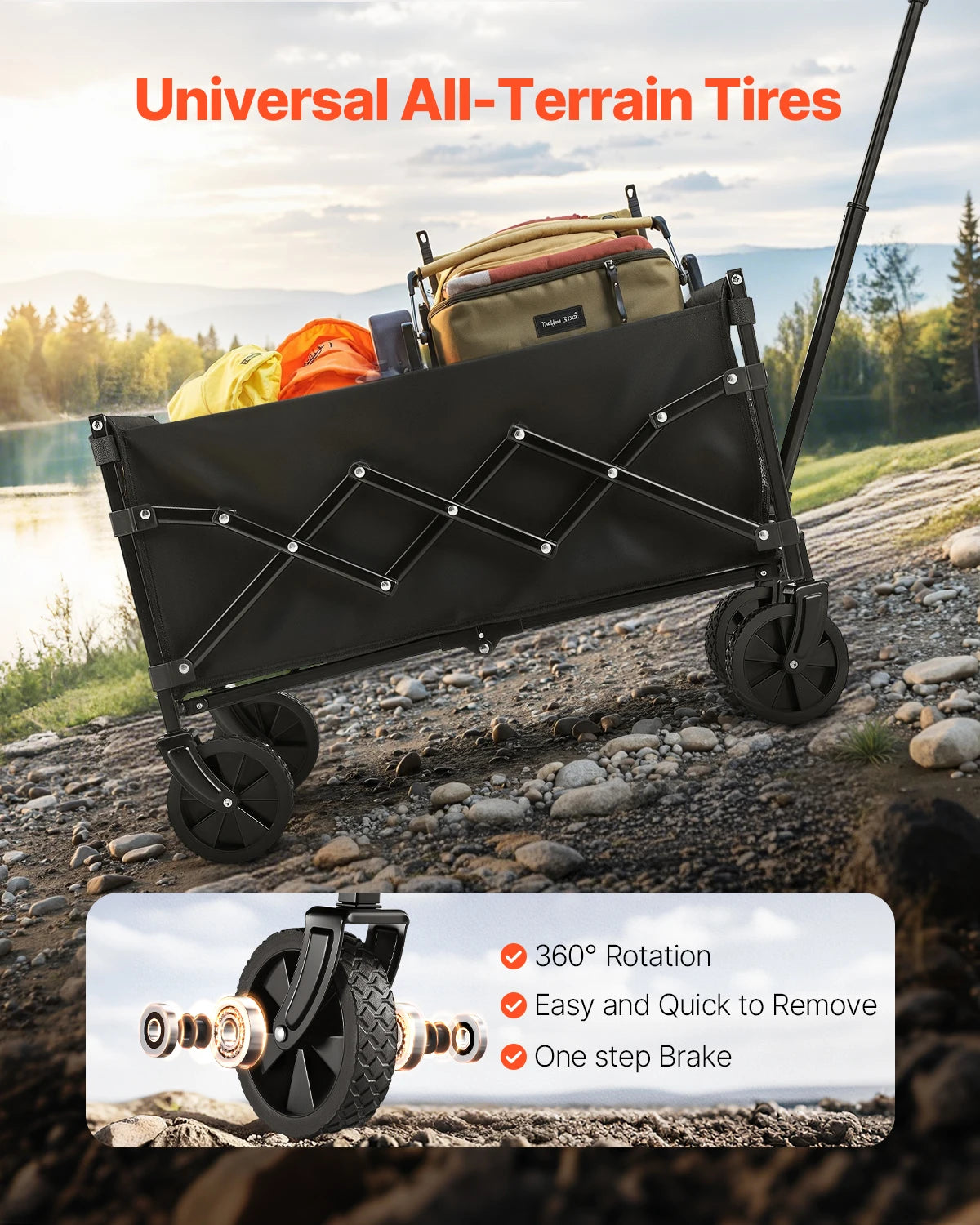 VEVOR Collapsible Wagon Cart, 120L & 225LBS Folding with All-Terrain Wheels with Adjustable Handle