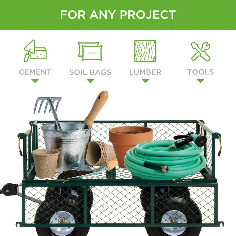 Heavy-Duty Steel, 400lb Weight Capacity Wagons, Removable Sides, Long Handle, 10in Tires - Green