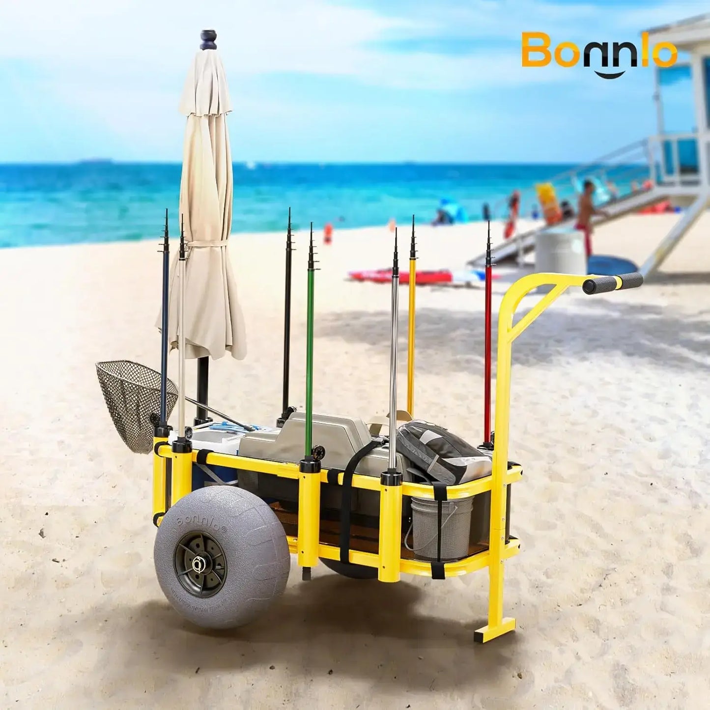 Fishing Cart Wagon with 13" Big Wheels, 300 lbs Load Capacity, 8 Fishing Rods Holders, Mesh Bag, Hand Pump - use on beach