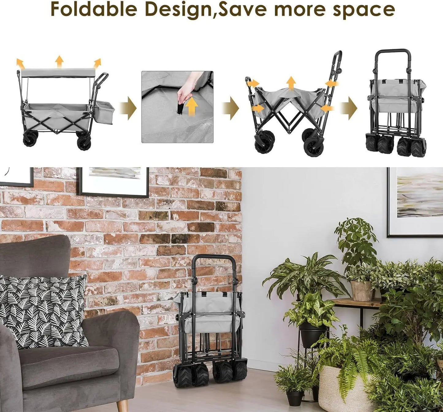 262L Collapsible Wagon cart with Removable Canopy, 115kg Capacity Push & Pull Utility Cart 600D Oxfort, Off-road wheel