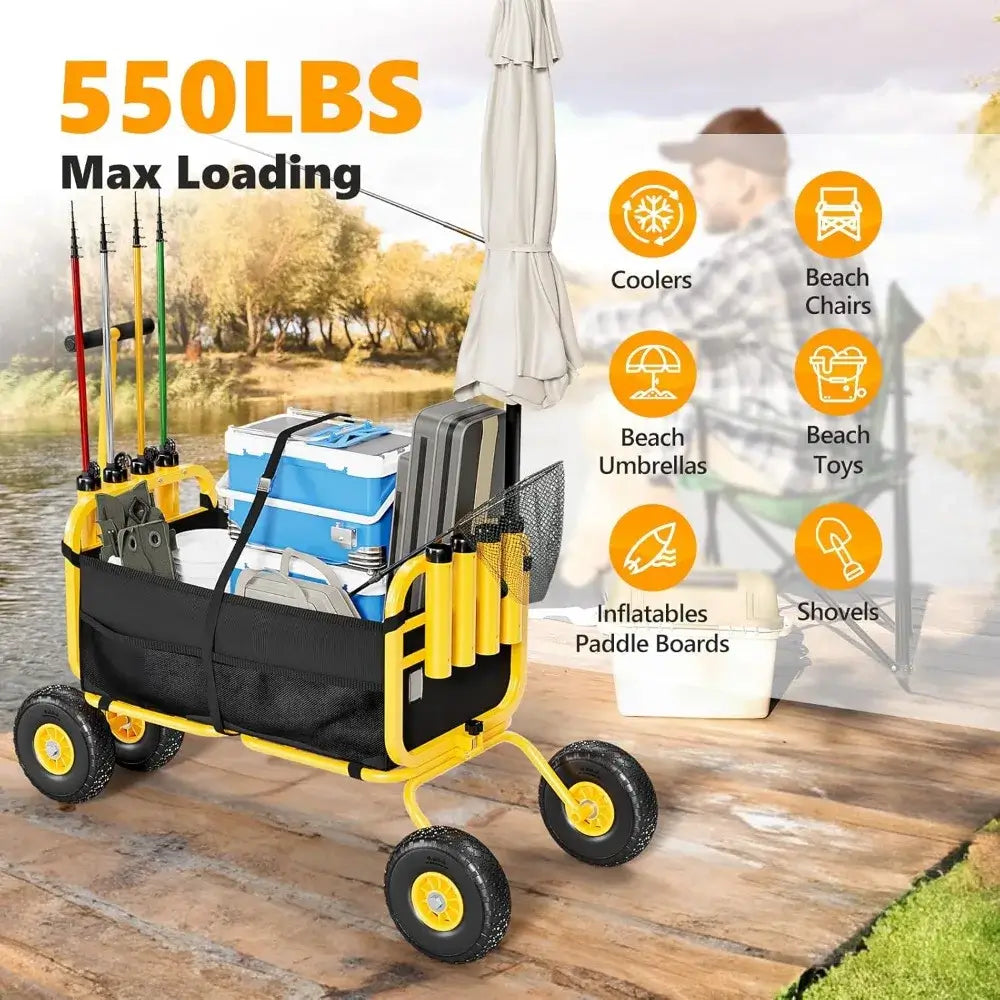 Fishing Cart, Foldable Trolley with 11" Airless Tires, Beach Trailer with Large Cargo Basket, 550 lbs Load Capacity, 8 Fishing Rod holders - max loading