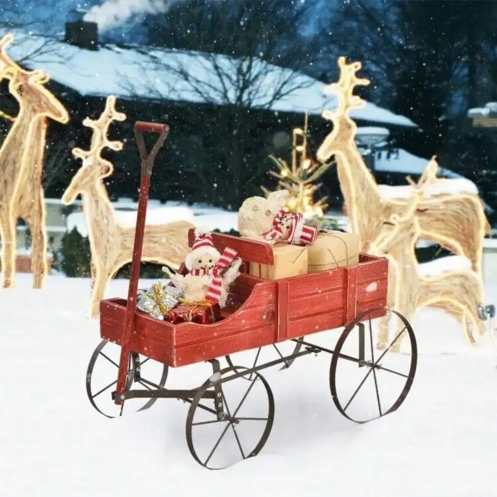 Wooden Wagon Plant Bed, Metal Wheels Garden Yard Patio Planter, Cart W/ Wood Frame - decorative wagon for holidays