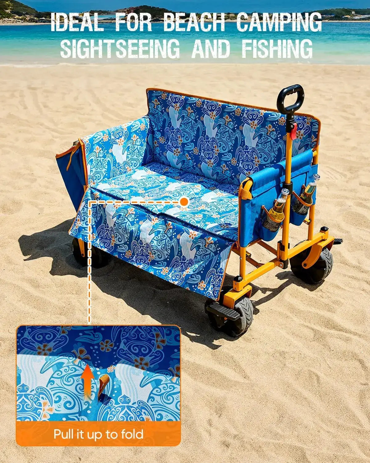 500lbs Love-Seat Foldable Wagon, 3-in-1 Bench Wagon Seat for 2 Adults, Heavy Duty Utility Cart, 31L Detachable Cooler Bag, Adjustable Handle- pull up to fold