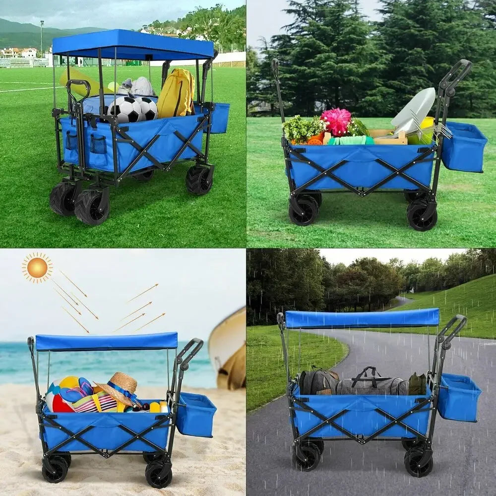 262L Collapsible Wagon cart with Removable Canopy, 115kg Capacity Push & Pull Utility Cart 600D Oxfort, Off-road wheel
