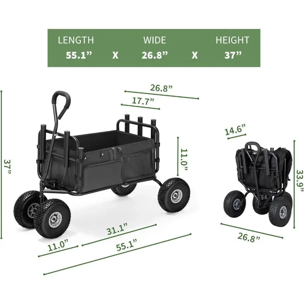 Fishing Cart, Collapsible Wagon with 11” All Terrain Big Wheels, Heavy-Duty Fishing Cart with 6 Rod Holders and Storage Pockets - dimensions
