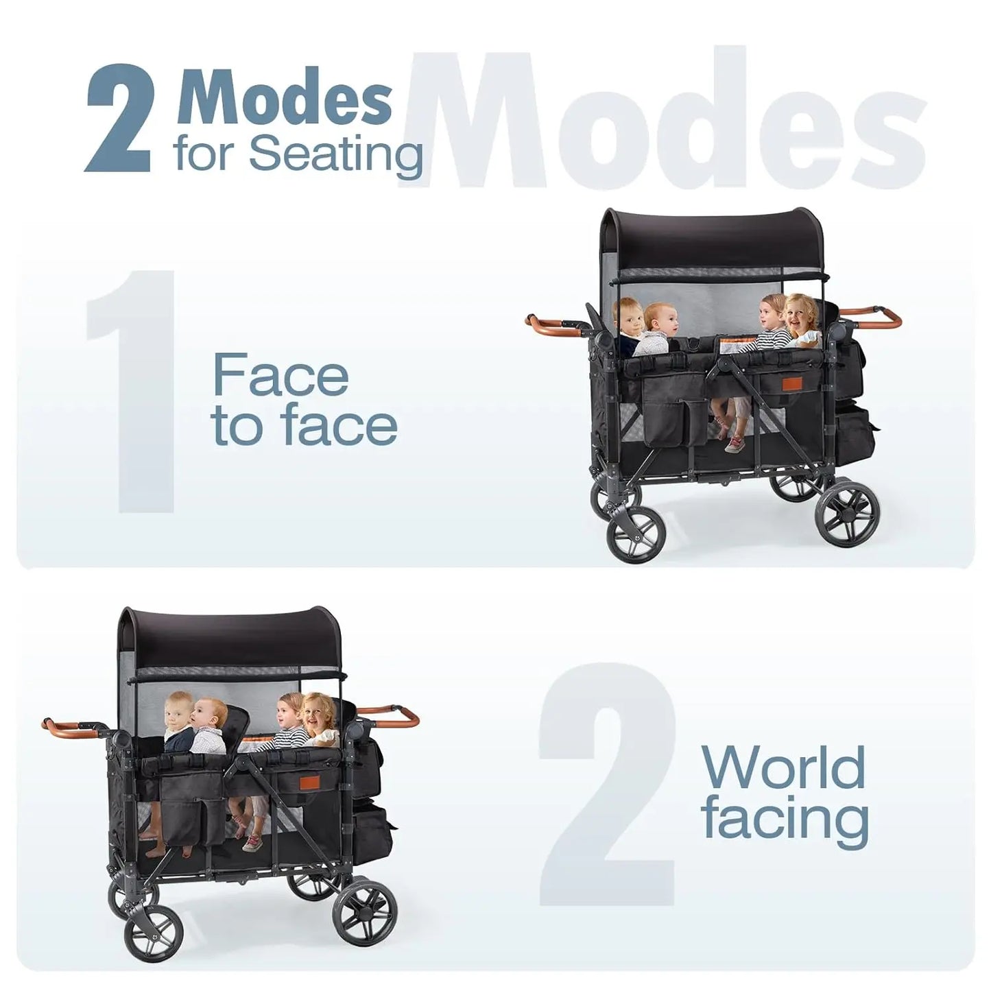 Wagon Stroller for 4 Kids, All-Terrain Collapsible Wagon for Toddlers with Canopy, Parent Organizer, Shoulder Bag, Adjustable Handlebar