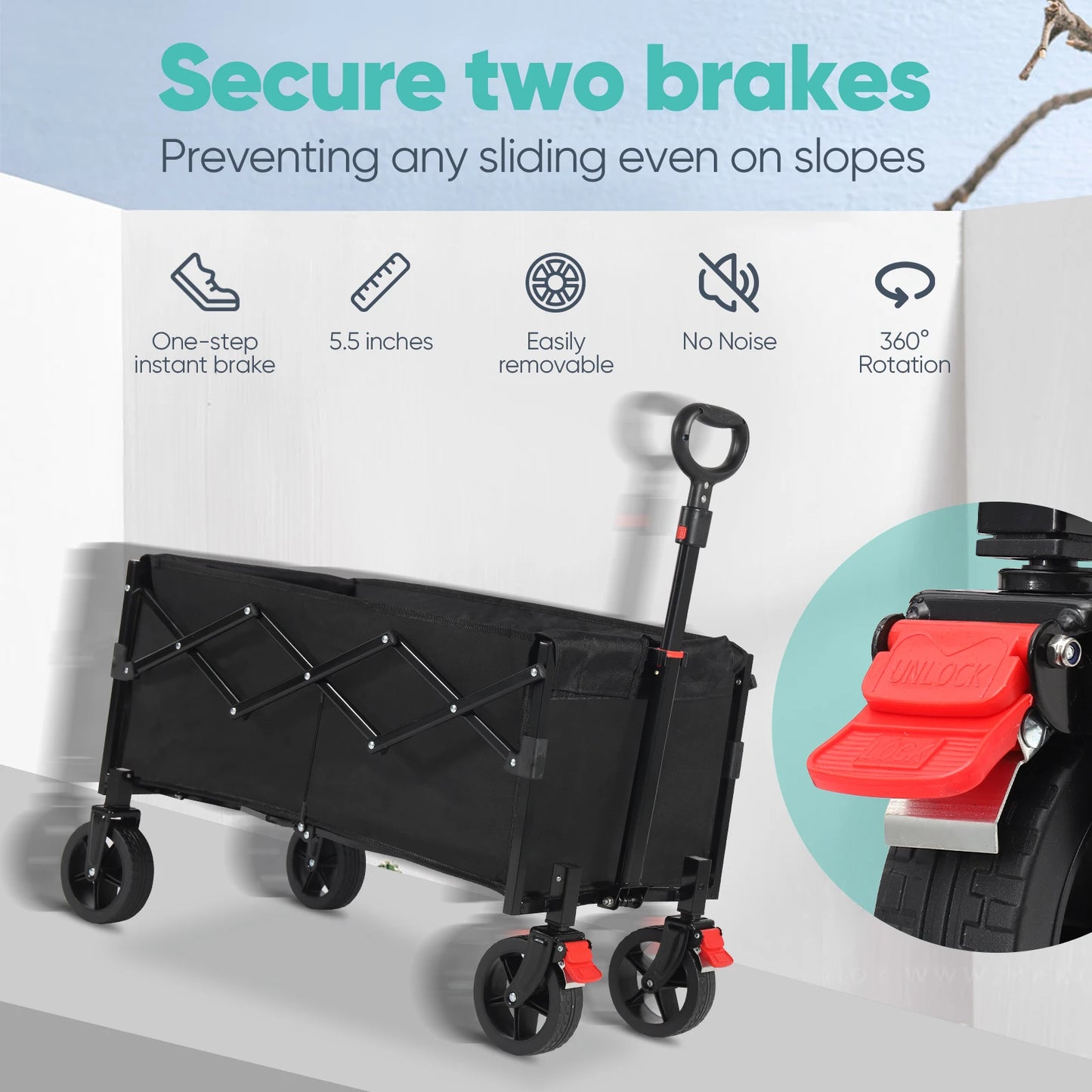 220LBS Collapsible Foldable Wagon Cart with Brake Wheels, 130L Capacity Folding, Lightweight, Heavy Duty, Garden Cart Black