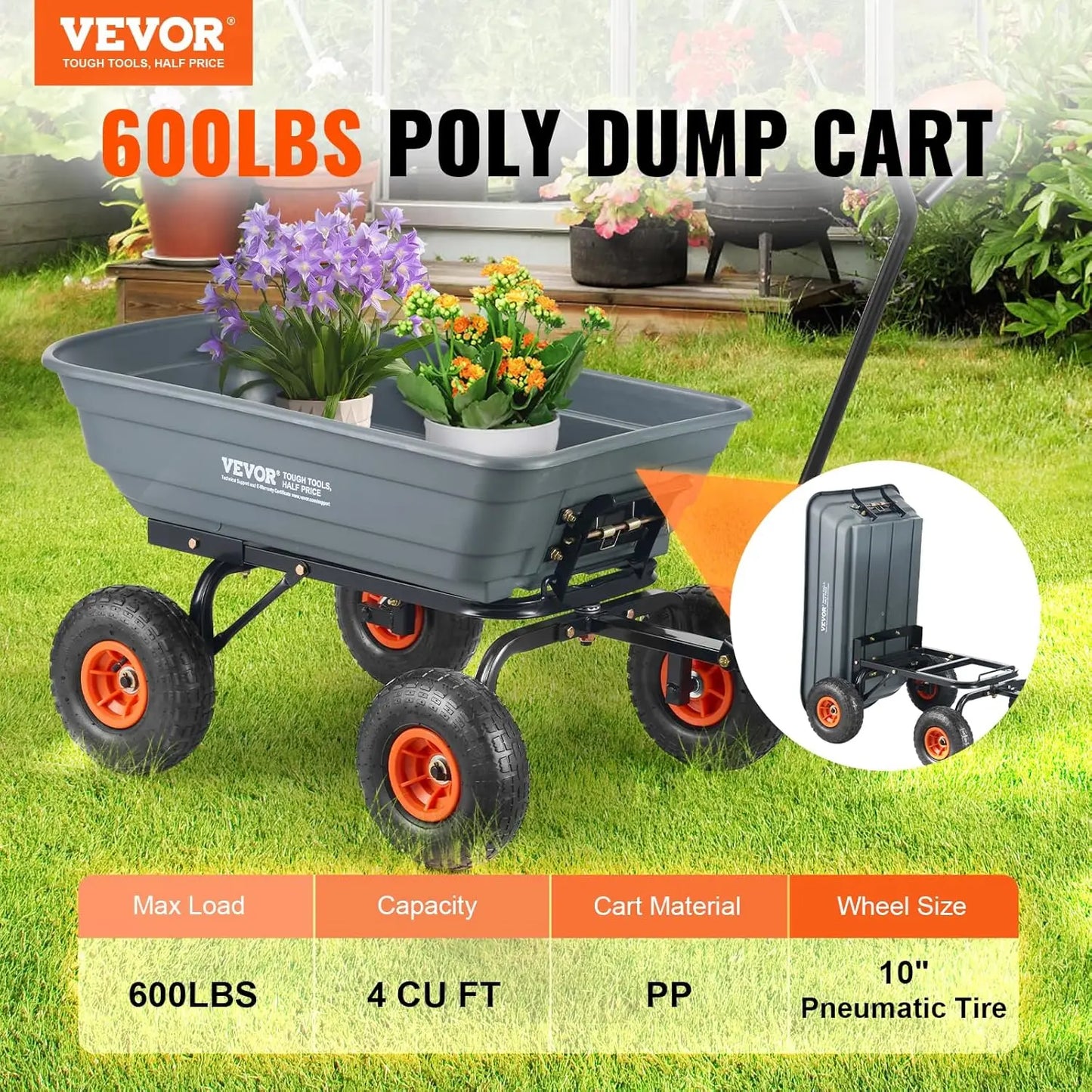 600lbs Poly Garden Dump Wagon Cart, with 10in All Terrain Wheels