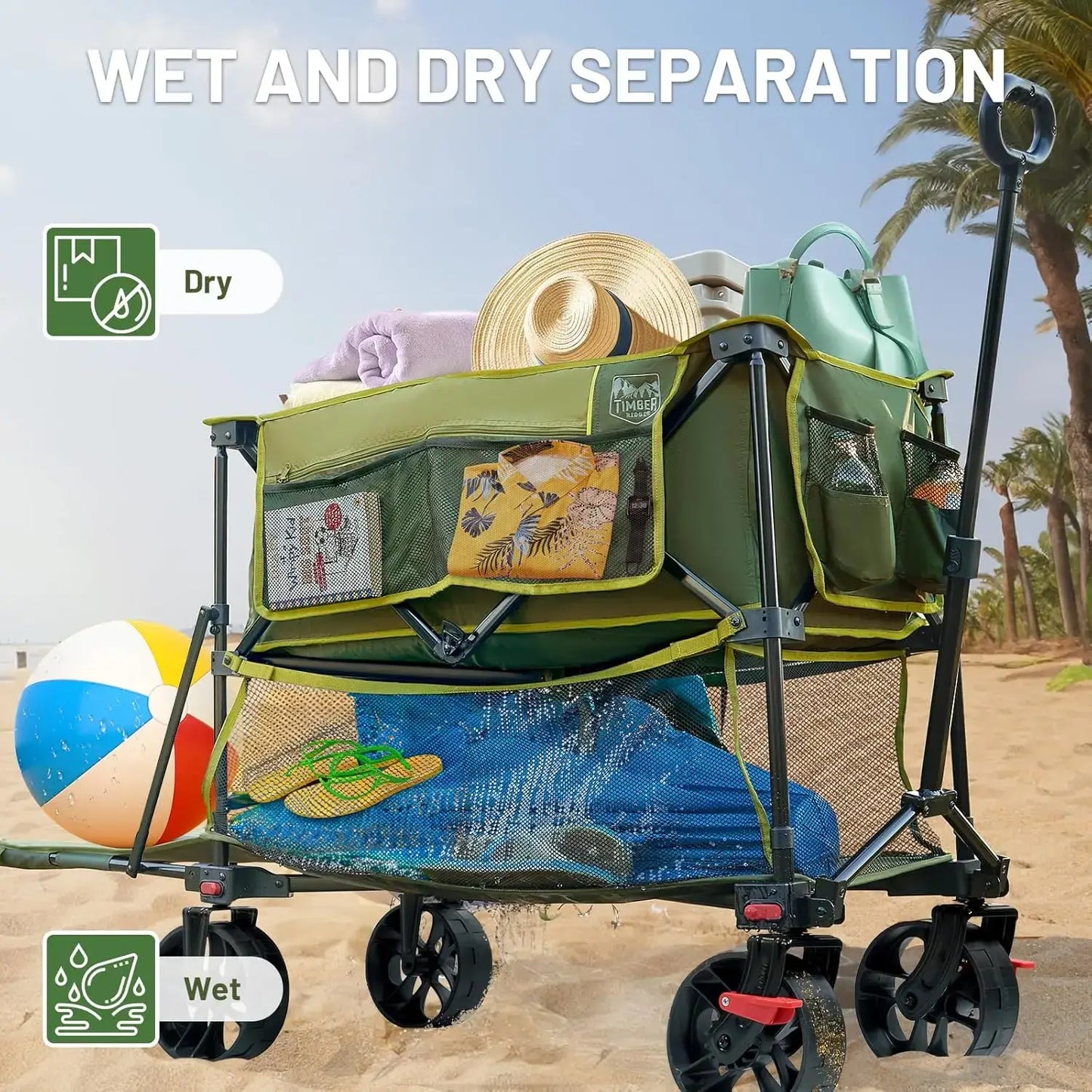 Heavy Duty Double Decker Wagon with Brakes, 54" Extra Long Extender Wagon Cart, 450lbs Heavy Duty Collapsible Cart - wet/dry separation