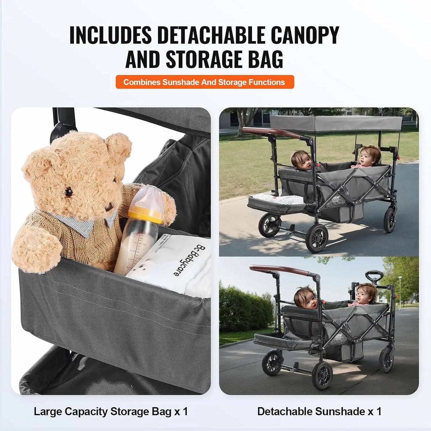Wagon Stroller for 2 Kids, Push Pull Quad Collapsible Stroller with Adjustable Handle, Encircling Harness, Removable Canopy