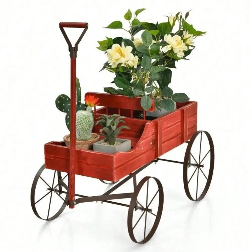 Wooden Wagon Plant Bed, Metal Wheels Garden Yard Patio Planter, Cart W/ Wood Frame