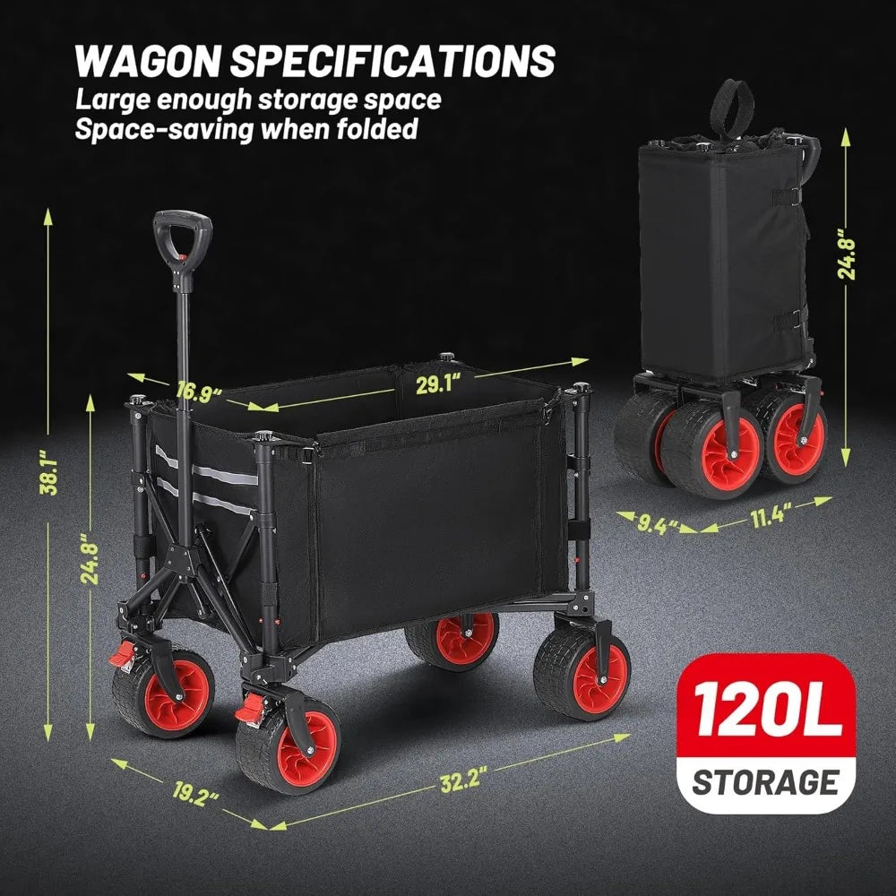 Collapsible Compact Wagon Cart, Heavy Duty 220LBS Capacity with All-Terrain Wheels & Brakes