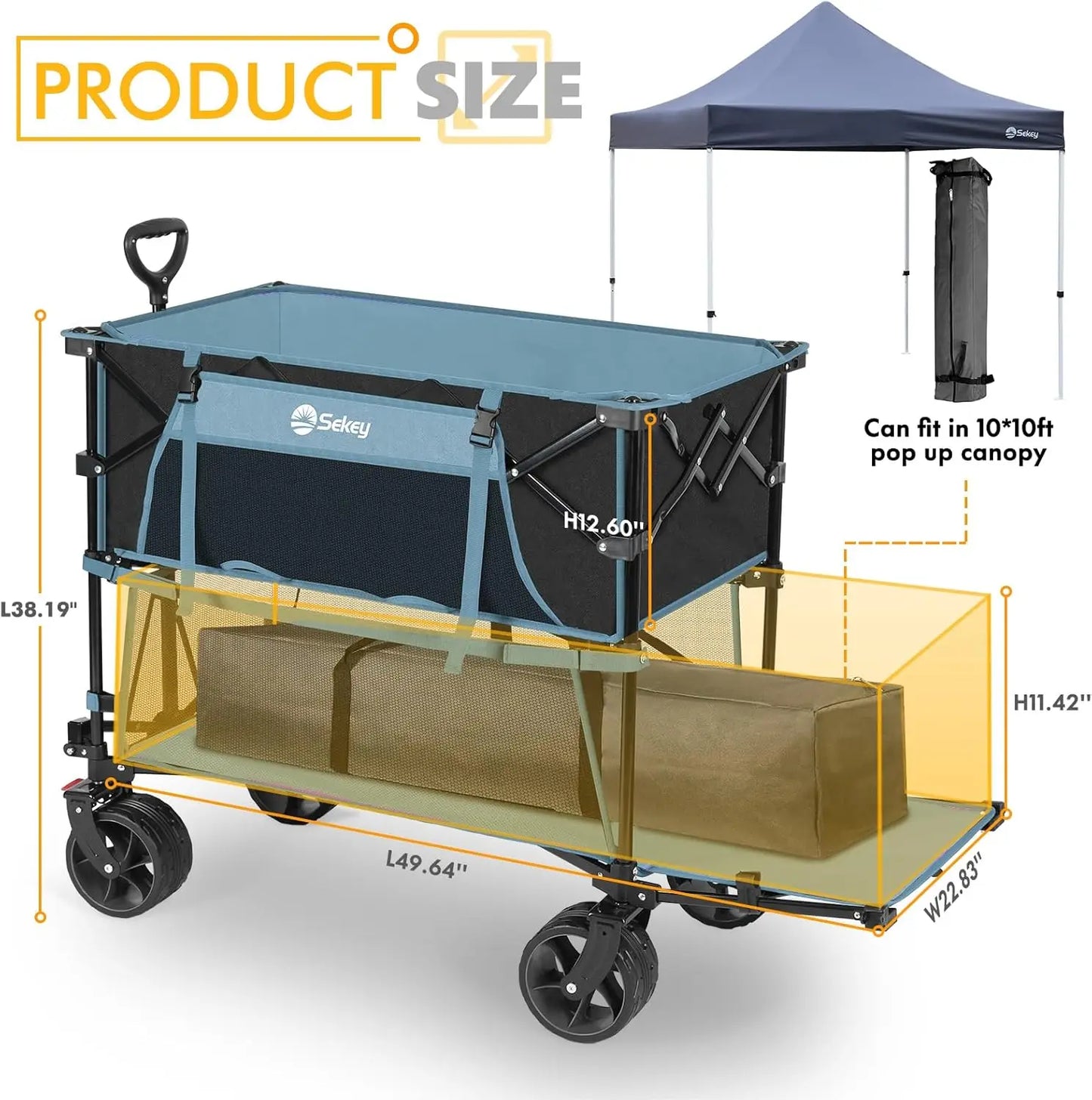 400L Large Capacity Folding Double Decker Wagon with Brakes, 50" Extra Long Extender Cart, 500lbs Heavy Duty Collapsible Wagons