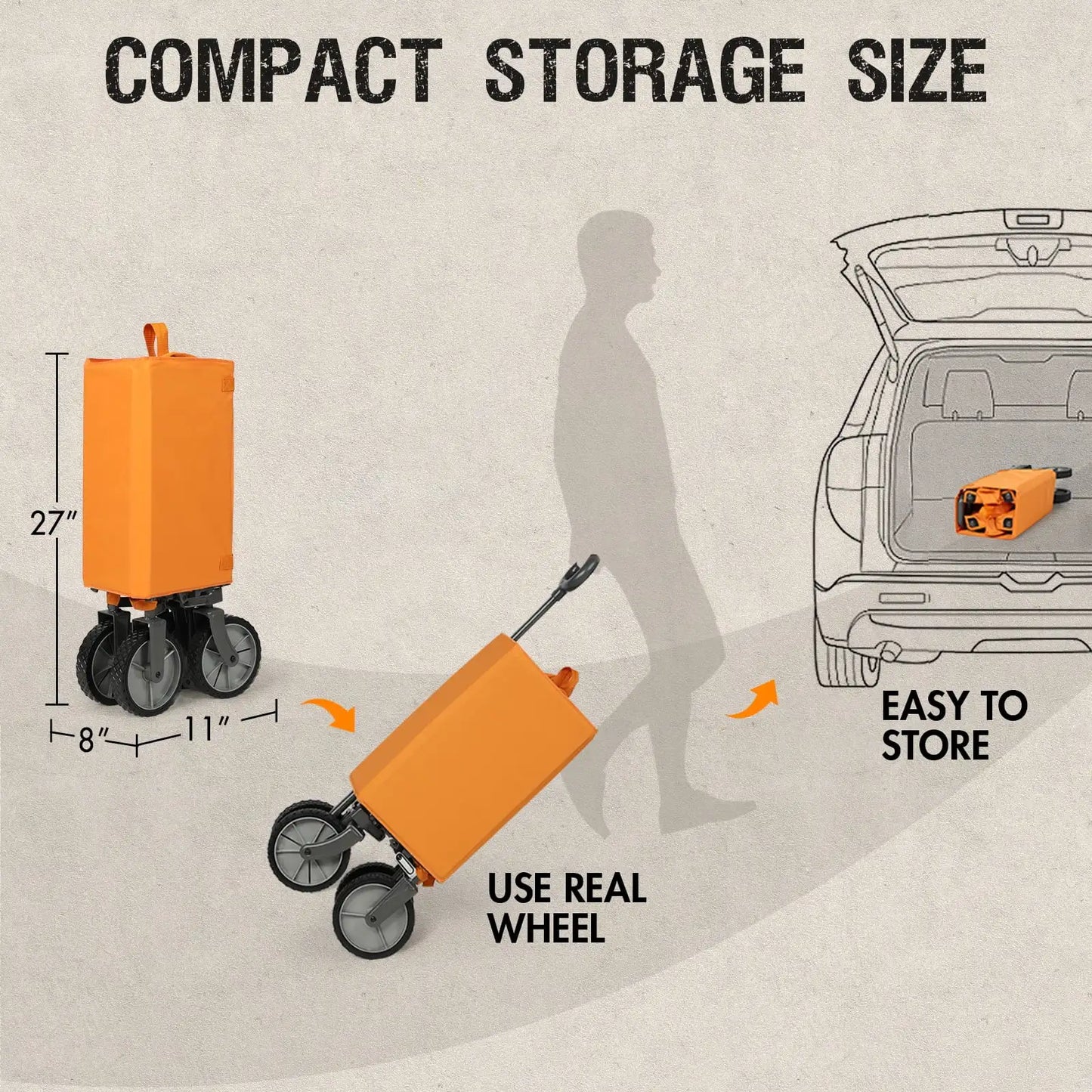 Collapsible Folding Garden Wagon, Utility Cart with Wheels, Cup Holder& Side Pocket, Orange