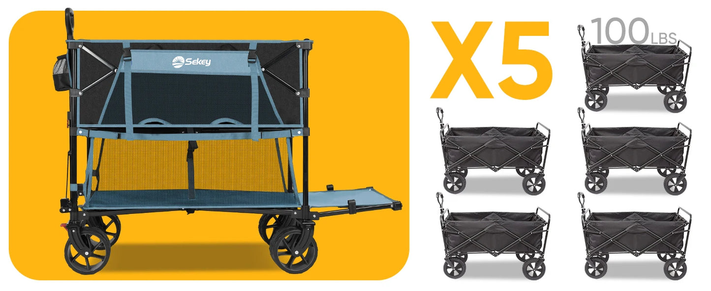 400L Large Capacity Folding Double Decker Wagon with Brakes, 50" Extra Long Extender Cart, 500lbs Heavy Duty Collapsible Wagons