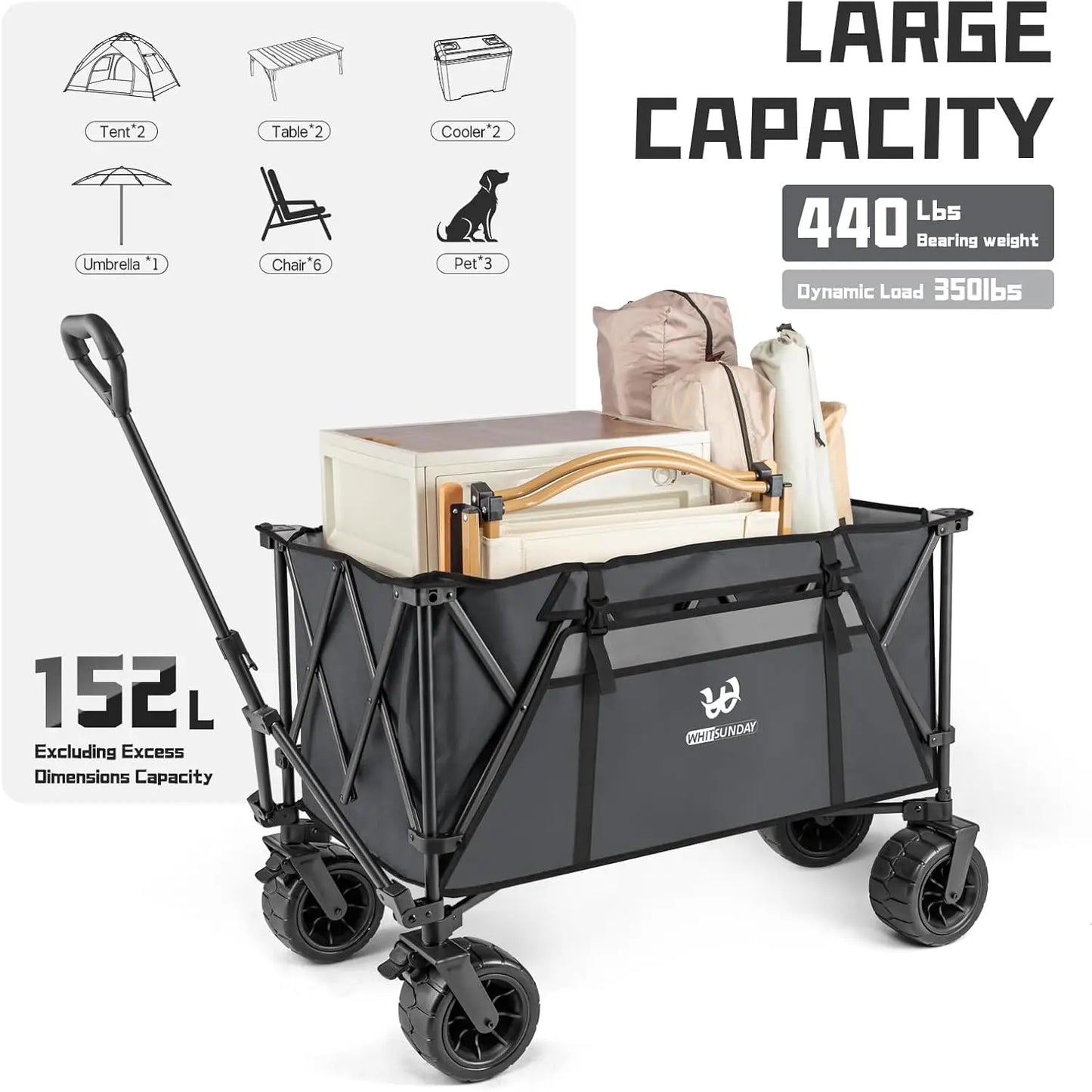 Collapsible Heavy Duty Wagon with All Terrain Wheel, 440LB Foldable Cart with Table for Beach or Camping