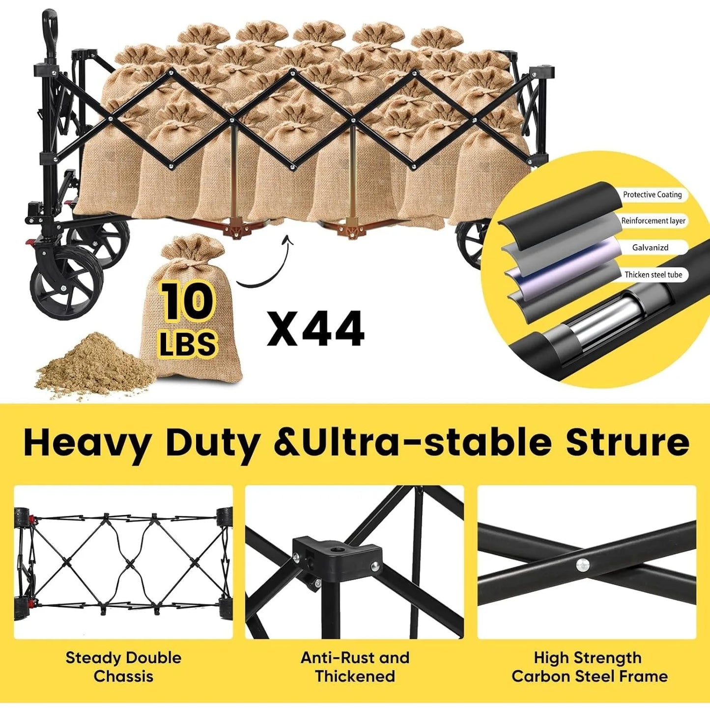 48''L Collapsible Foldable Extended Wagon with 440lbs Weight Capacity, Heavy Duty 300L Wagon Cart
