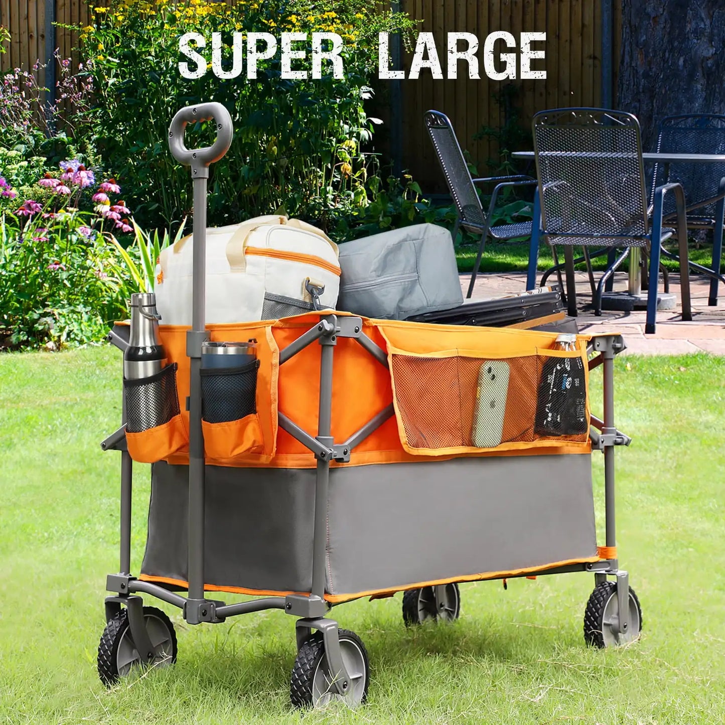 Collapsible Folding Garden Wagon, Utility Cart with Wheels, Cup Holder& Side Pocket, Orange