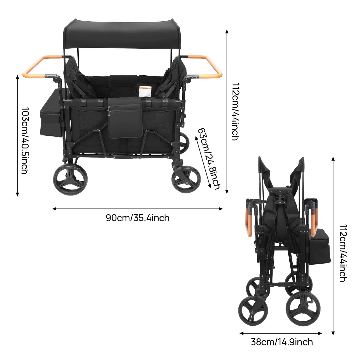4 Seater Baby Wagon Stroller with Lockable Wheels, Extra Long Foldable Push chair with Adjustable Handle