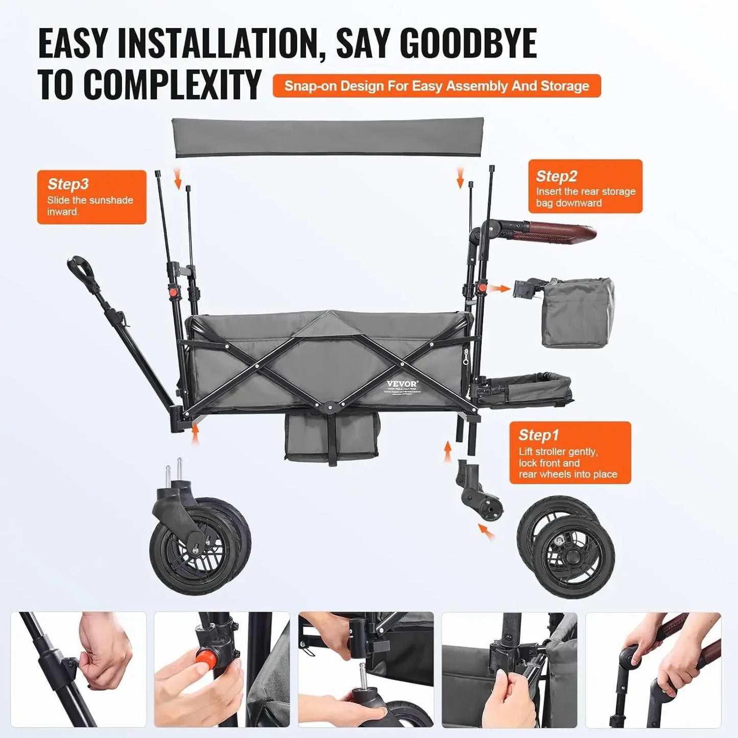Wagon Stroller for 2 Kids, Push Pull Quad Collapsible Stroller with Adjustable Handle, Encircling Harness, Removable Canopy