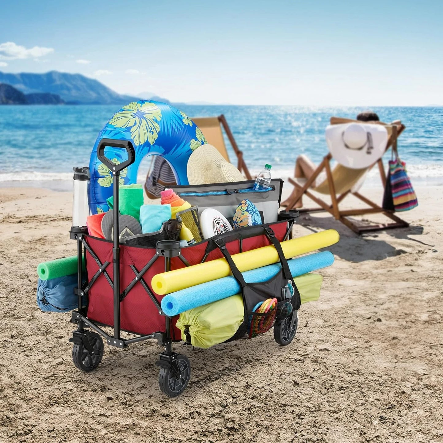 Foldable Wagon, Heavy Duty Collapsible Cart with Wheels, 7 Cu Ft, Red