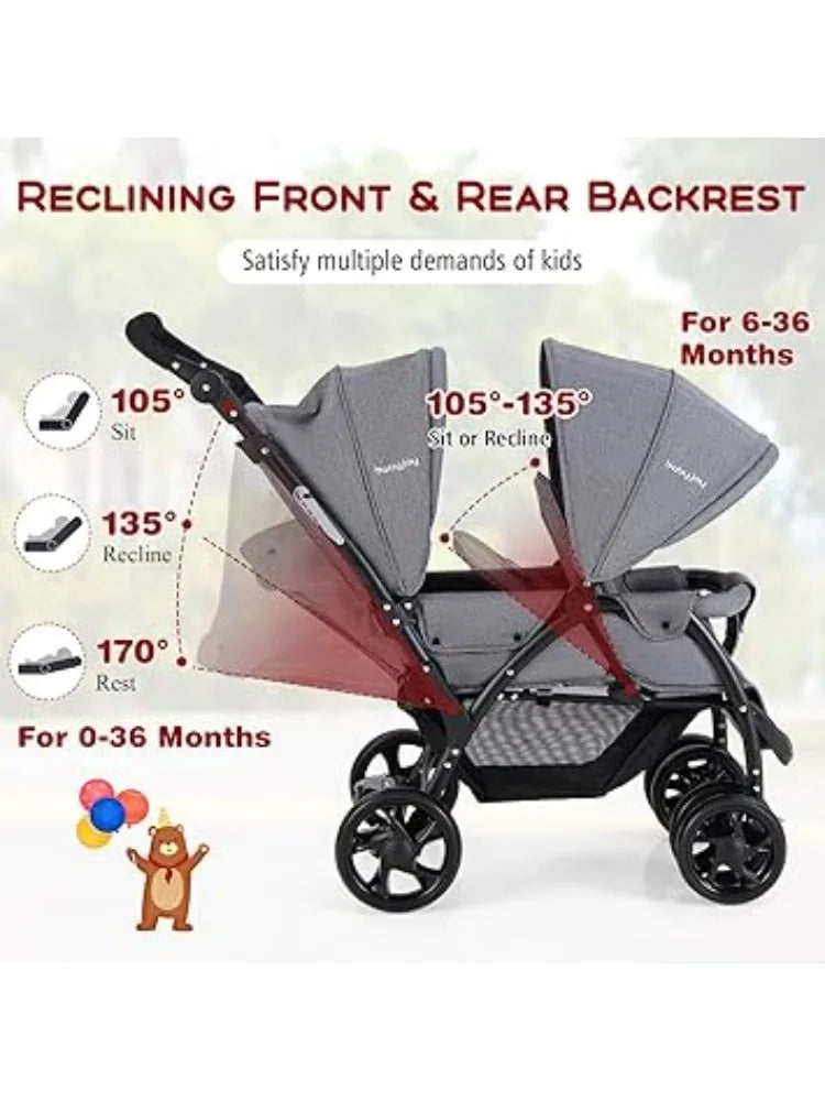Double Stroller, Foldable Lightweight Infant Twin with Tandem Seating, 5-Point Harness, Recline Seat, Storage