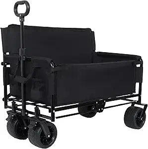 Convertible Folding Bench Wagon Cart with Bench Seat & Storage – 500lb Capacity, 180L All-Terrain Wagon for Camping - black