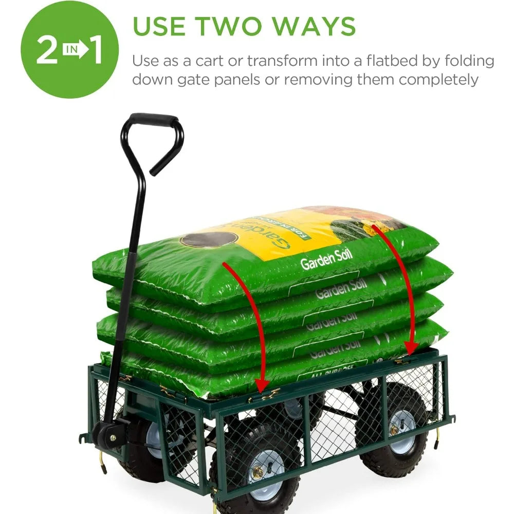 Heavy-Duty Steel, 400lb Weight Capacity Wagons, Removable Sides, Long Handle, 10in Tires - Green