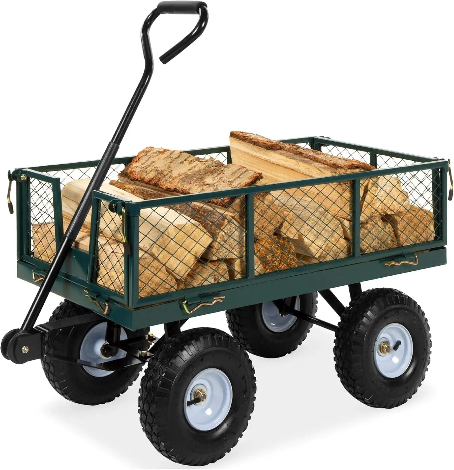 Heavy-Duty Steel, 400lb Weight Capacity Wagons, Removable Sides, Long Handle, 10in Tires - Green