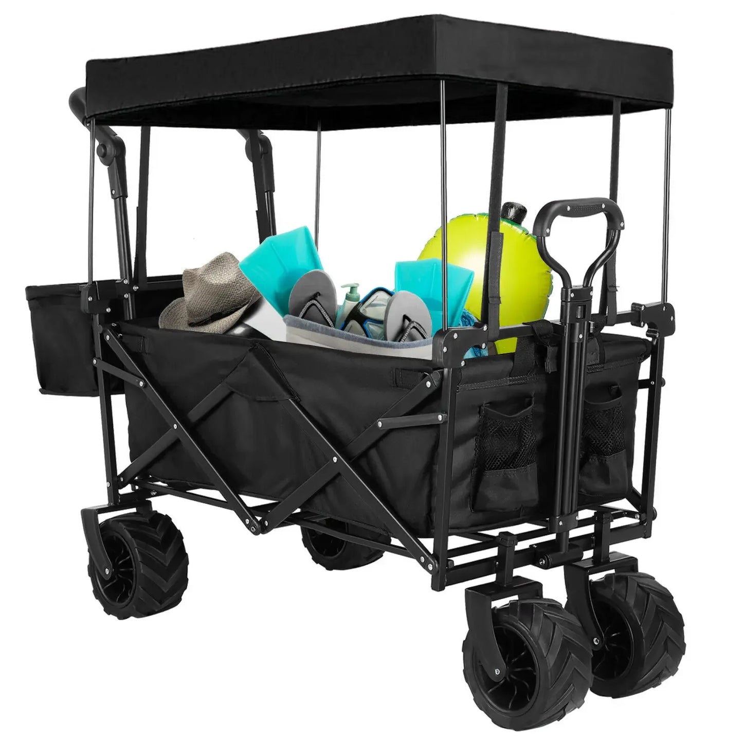 262L Collapsible Wagon cart with Removable Canopy, 115kg Capacity Push & Pull Utility Cart 600D Oxfort, Off-road wheel