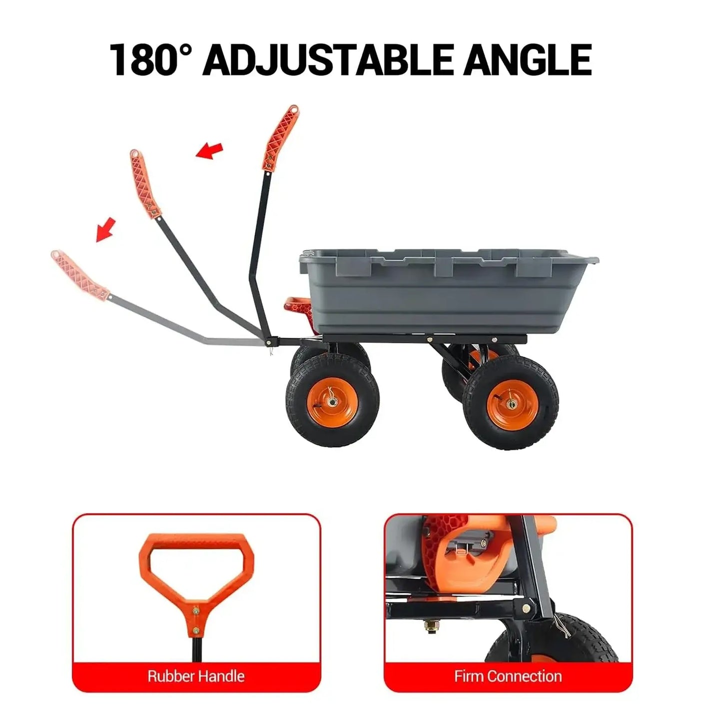 Large Capacity Garden Dump Cart, Versatile Steel Frame, Utility Dump Wagon - adjustable rubber handle