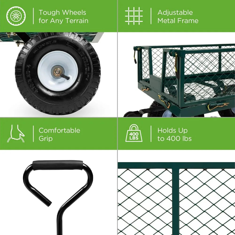 Heavy-Duty Steel, 400lb Weight Capacity Wagons, Removable Sides, Long Handle, 10in Tires - Green