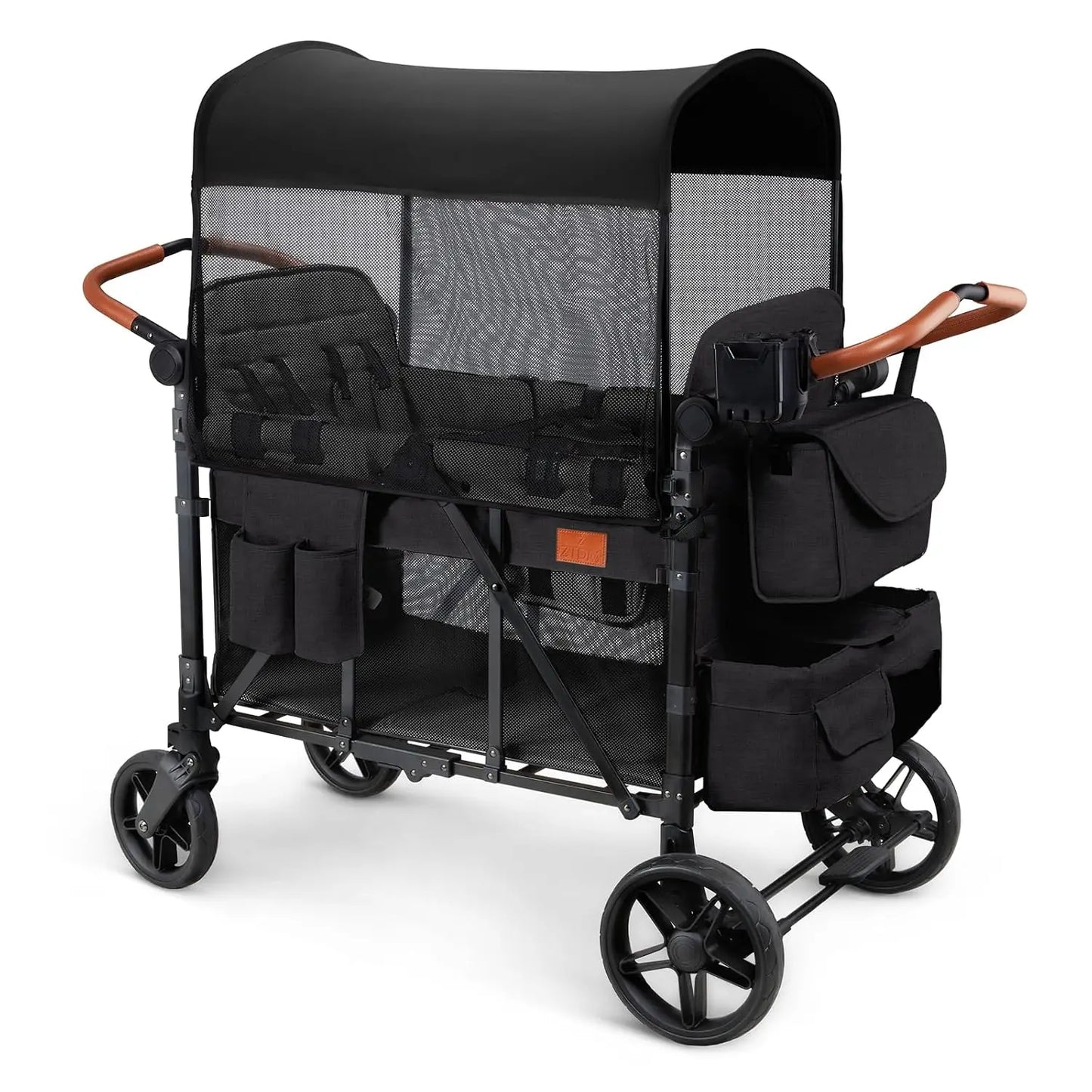 Wagon Stroller for 4 Kids, All-Terrain Collapsible Wagon for Toddlers with Canopy, Parent Organizer, Shoulder Bag, Adjustable Handlebar