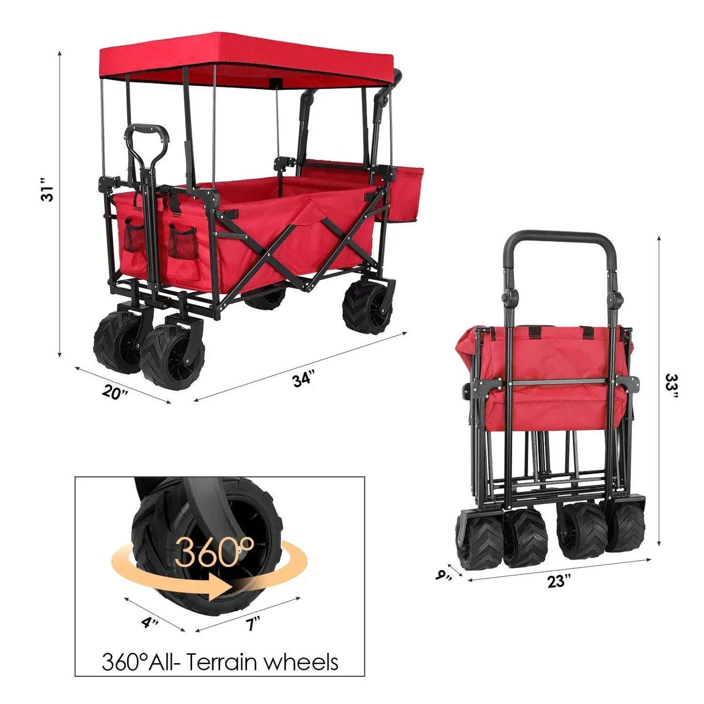 262L Collapsible Wagon cart with Removable Canopy, 115kg Capacity Push & Pull Utility Cart 600D Oxfort, Off-road wheel