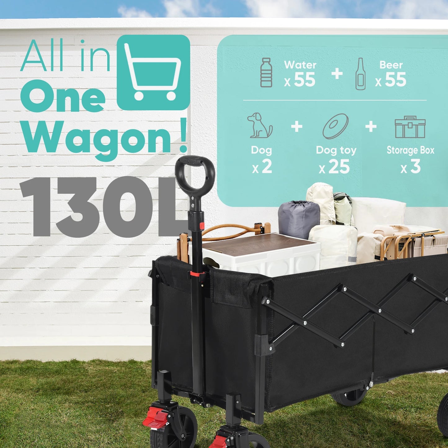 220LBS Collapsible Foldable Wagon Cart with Brake Wheels, 130L Capacity Folding, Lightweight, Heavy Duty, Garden Cart Black
