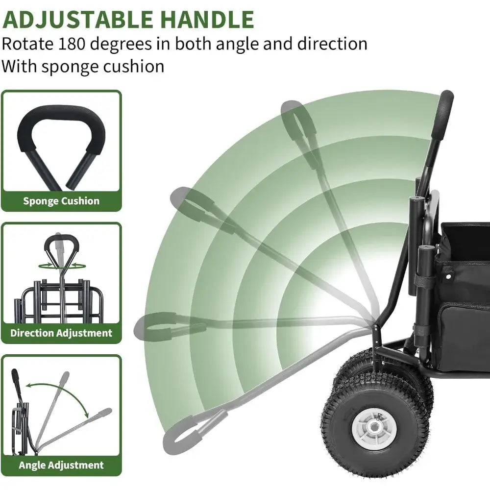 Fishing Cart, Collapsible Wagon with 11” All Terrain Big Wheels, Heavy-Duty Fishing Cart with 6 Rod Holders and Storage Pockets - adjustable handle