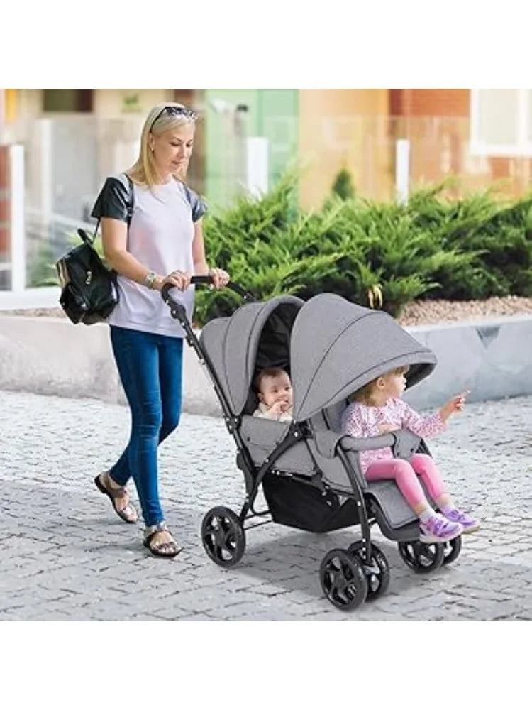Double Stroller, Foldable Lightweight Infant Twin with Tandem Seating, 5-Point Harness, Recline Seat, Storage