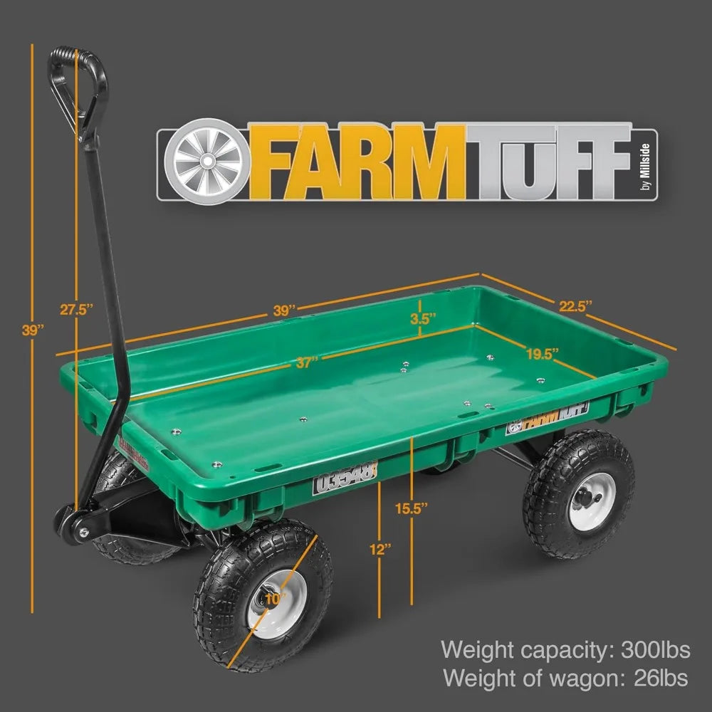 Farm Tuff Durable Plastic Deck Garden Wagon, Utility Cart with Pneumatic Tires for Outdoor Hauling, Green, 20" x 38"
