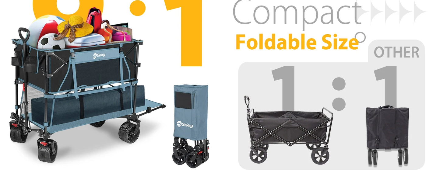 400L Large Capacity Folding Double Decker Wagon with Brakes, 50" Extra Long Extender Cart, 500lbs Heavy Duty Collapsible Wagons