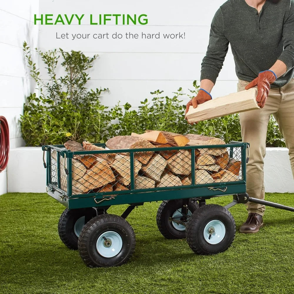 Heavy-Duty Steel, 400lb Weight Capacity Wagons, Removable Sides, Long Handle, 10in Tires - Green