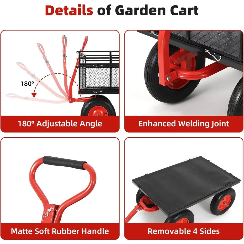 1400lbs Steel Garden Cart, Heavy Duty Yard & Garden Wagon w Removable Mesh Sides, Utility Metal Wagon Convert into Flatbed