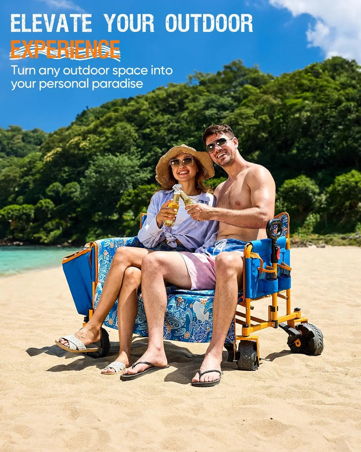 500lbs Love-Seat Wagon, Foldable, 3-in-1 Bench Wagon Seat for 2 Adults, Heavy Duty Utility Cart, 31L Detachable Cooler Bag, Adjustable