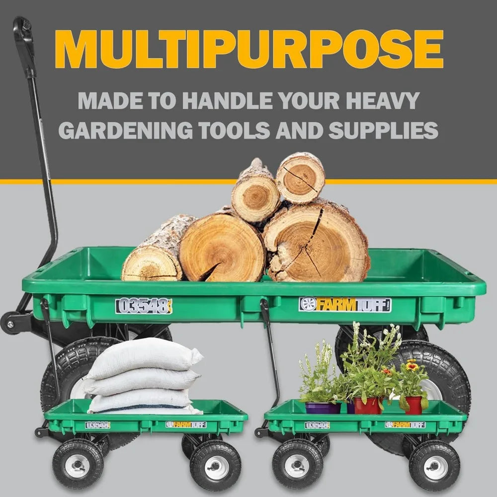Farm Tuff Durable Plastic Deck Garden Wagon, Utility Cart with Pneumatic Tires for Outdoor Hauling, Green, 20" x 38"