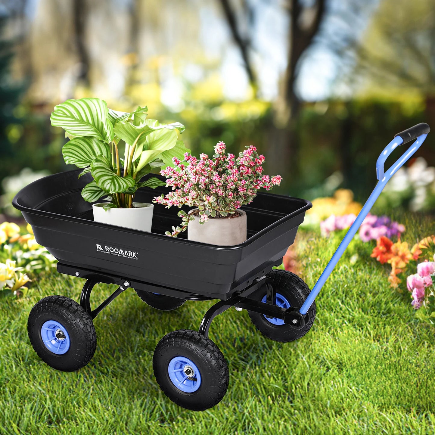 Garden Dump Cart w/ Quick Release System 600lb Yard Cart, Heavy Duty Poly Yard Dump Wagon w/ Adjustable Handle 10in Tires