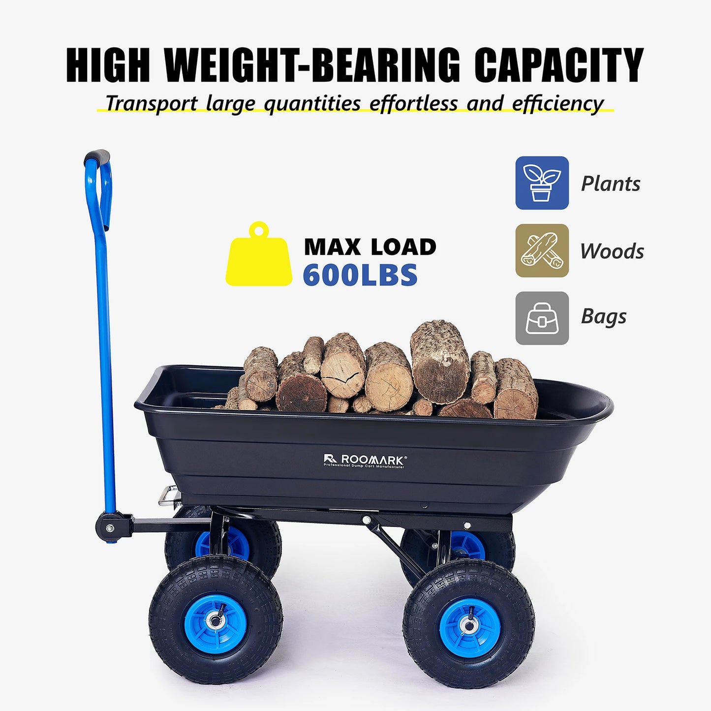Garden Dump Cart w/ Quick Release System 600lb Yard Cart, Heavy Duty Poly Yard Dump Wagon w/ Adjustable Handle 10in Tires
