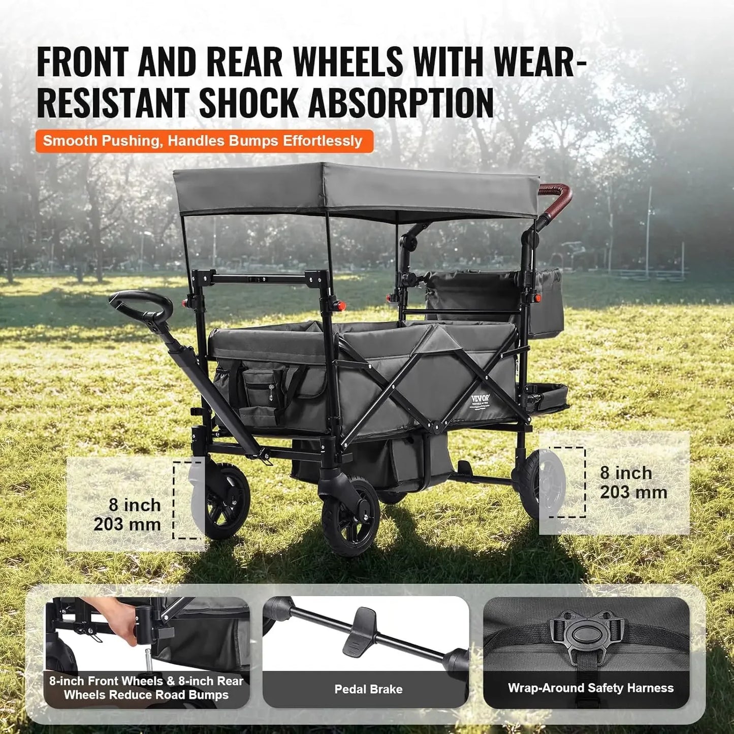 Wagon Stroller for 2 Kids, Push Pull Quad Collapsible Stroller with Adjustable Handle, Encircling Harness, Removable Canopy