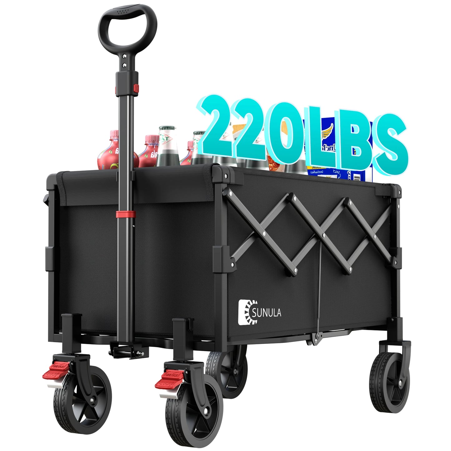 220LBS Collapsible Foldable Wagon Cart with Brake Wheels, 130L Capacity Folding, Lightweight, Heavy Duty, Garden Cart Black