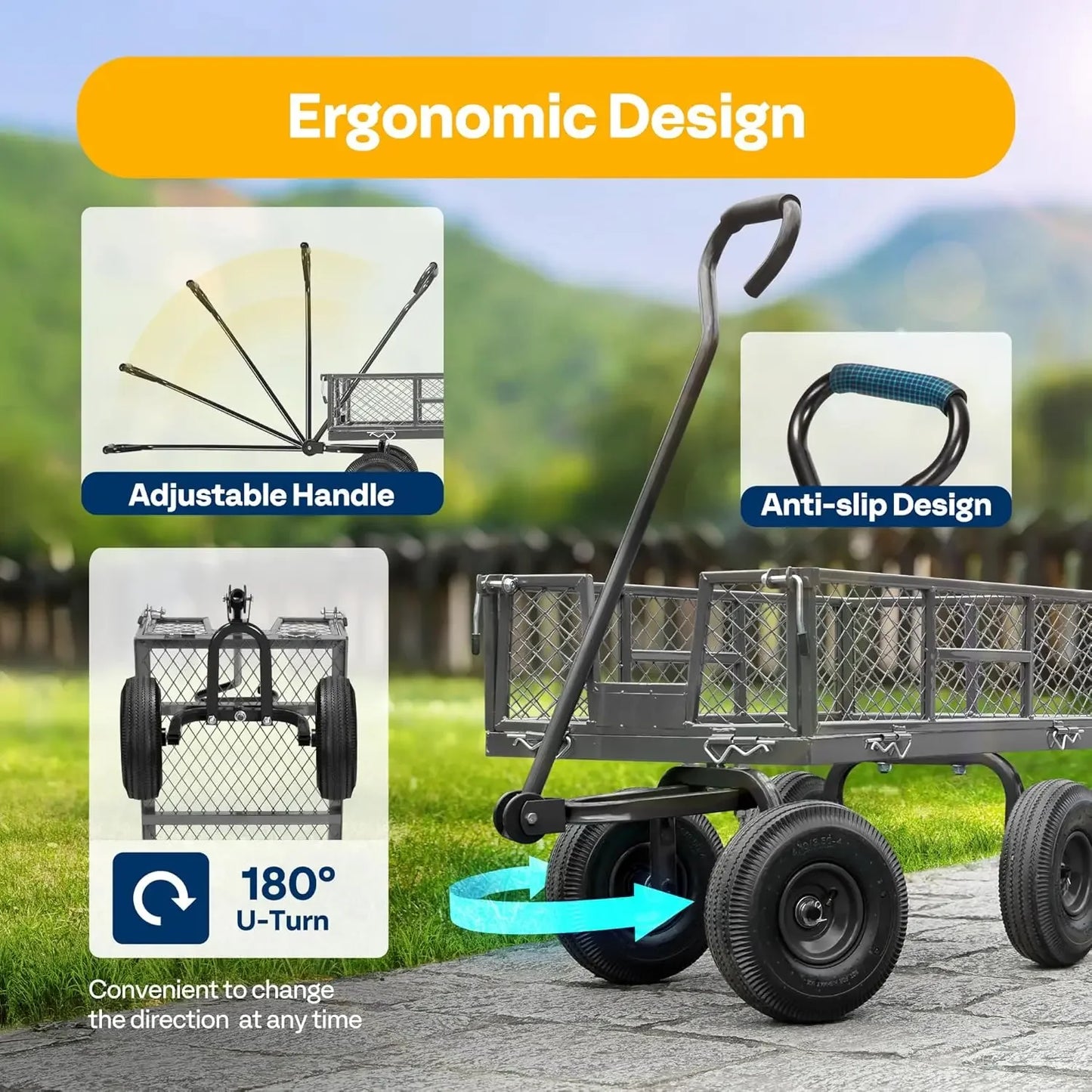 Heavy Duty 880LB Capacity Mesh Steel Garden Cart with Removable Sides