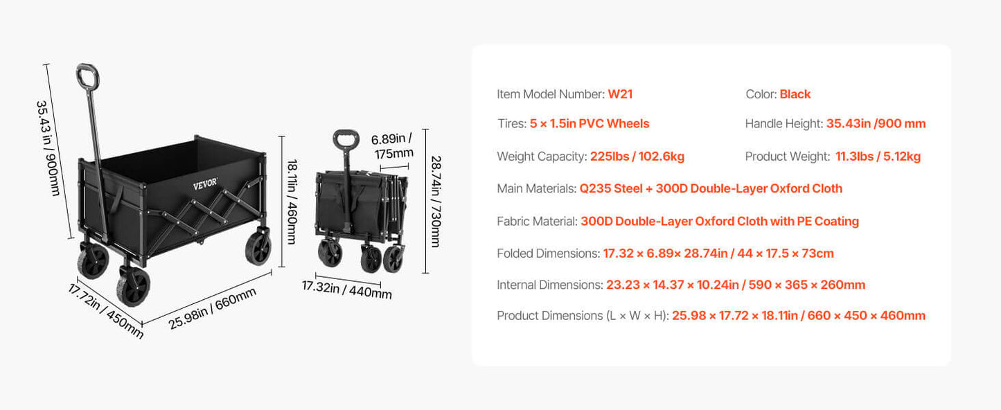 VEVOR Collapsible Wagon Cart, 120L & 225LBS Folding with All-Terrain Wheels with Adjustable Handle - dimensions
