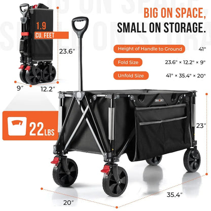 Heavy Duty Collapsible Wagon Cart - All-Terrain 3.2in Wide Wheels - Foldable 150L Large Capacity with Side Pockets